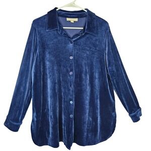Woman Within Blue Velvet Button Down Long Sleeve Shirt Top Size M 14 16